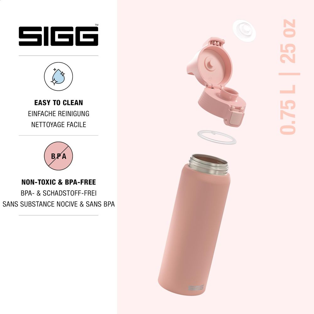 Ein rosafarbener SIGG-Behälter mit zerlegtem Deckel und Beschriftungen.