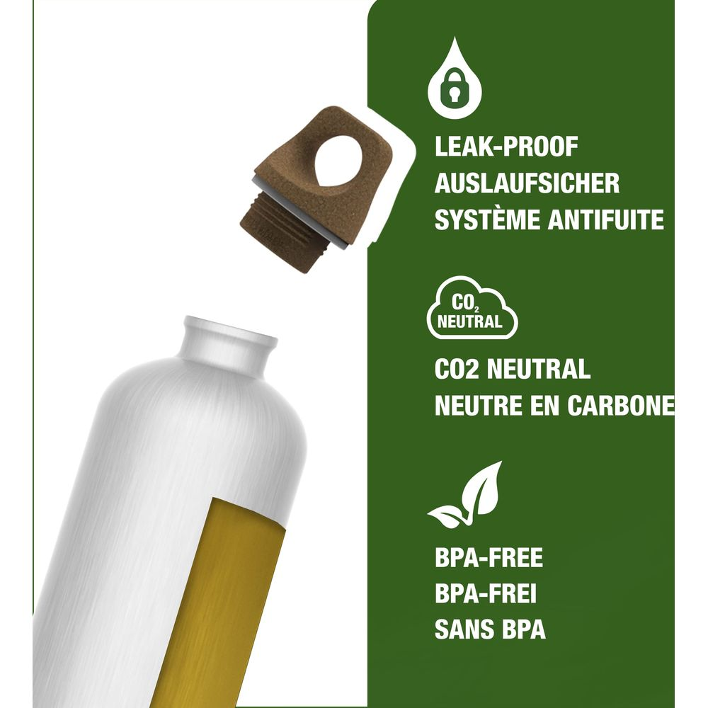 Weiße Trinkflasche mit braunem Deckel, "CO2 Neutral" und "BPA-frei" Aufdruck.