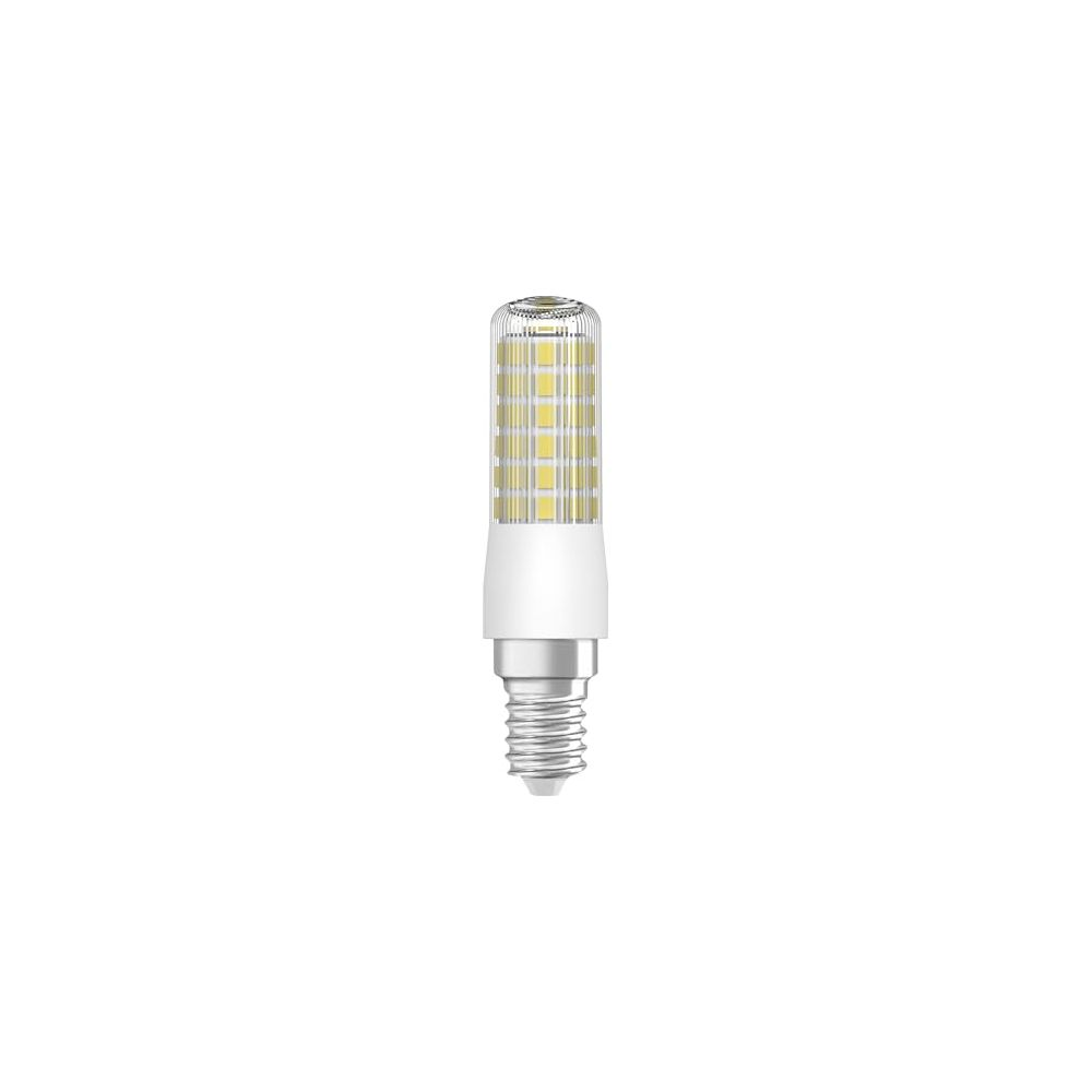 Ampoule LED blanche avec culot E14, sur fond blanc.