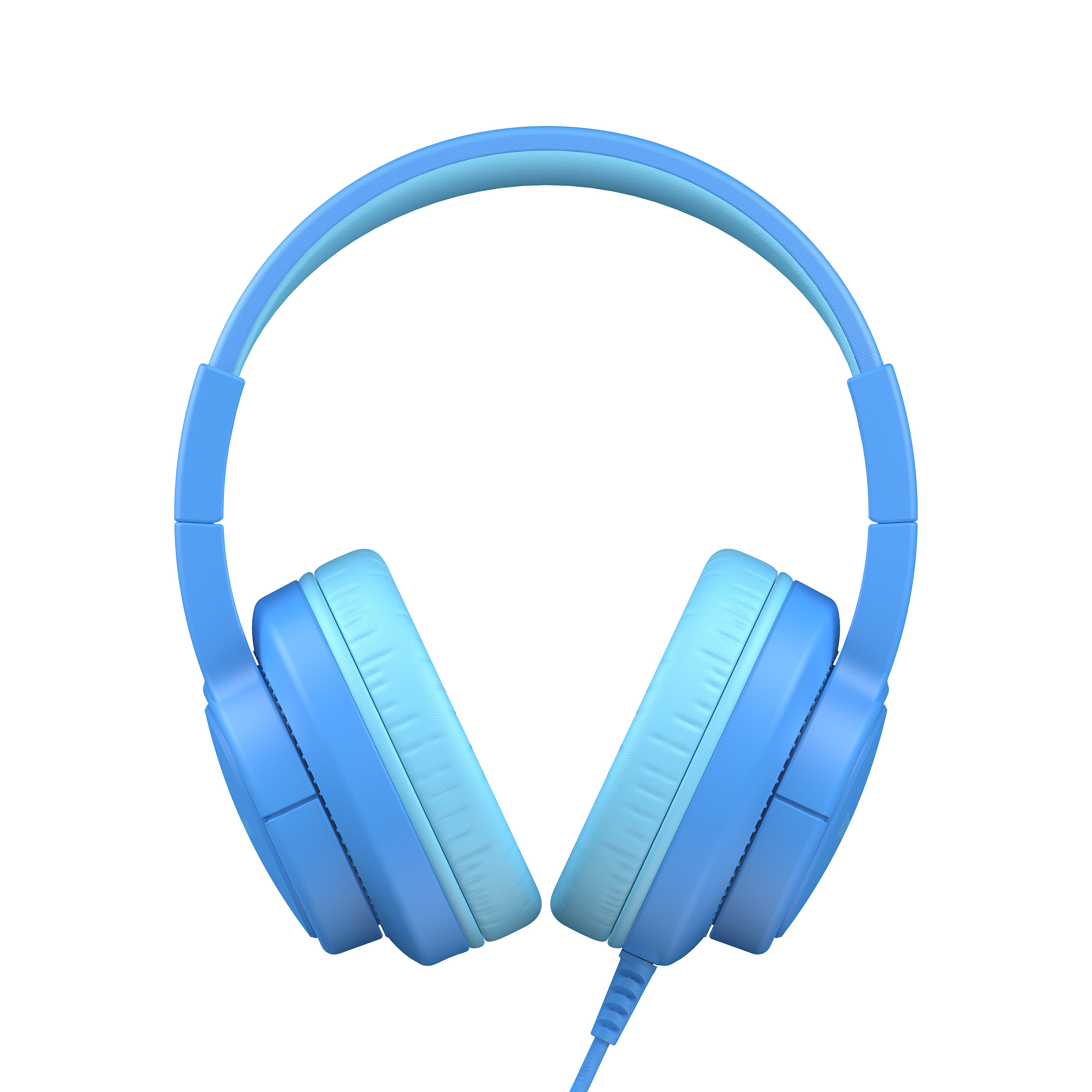 Auriculares azules con diadema y almohadillas azul claro. Se ve un cable.