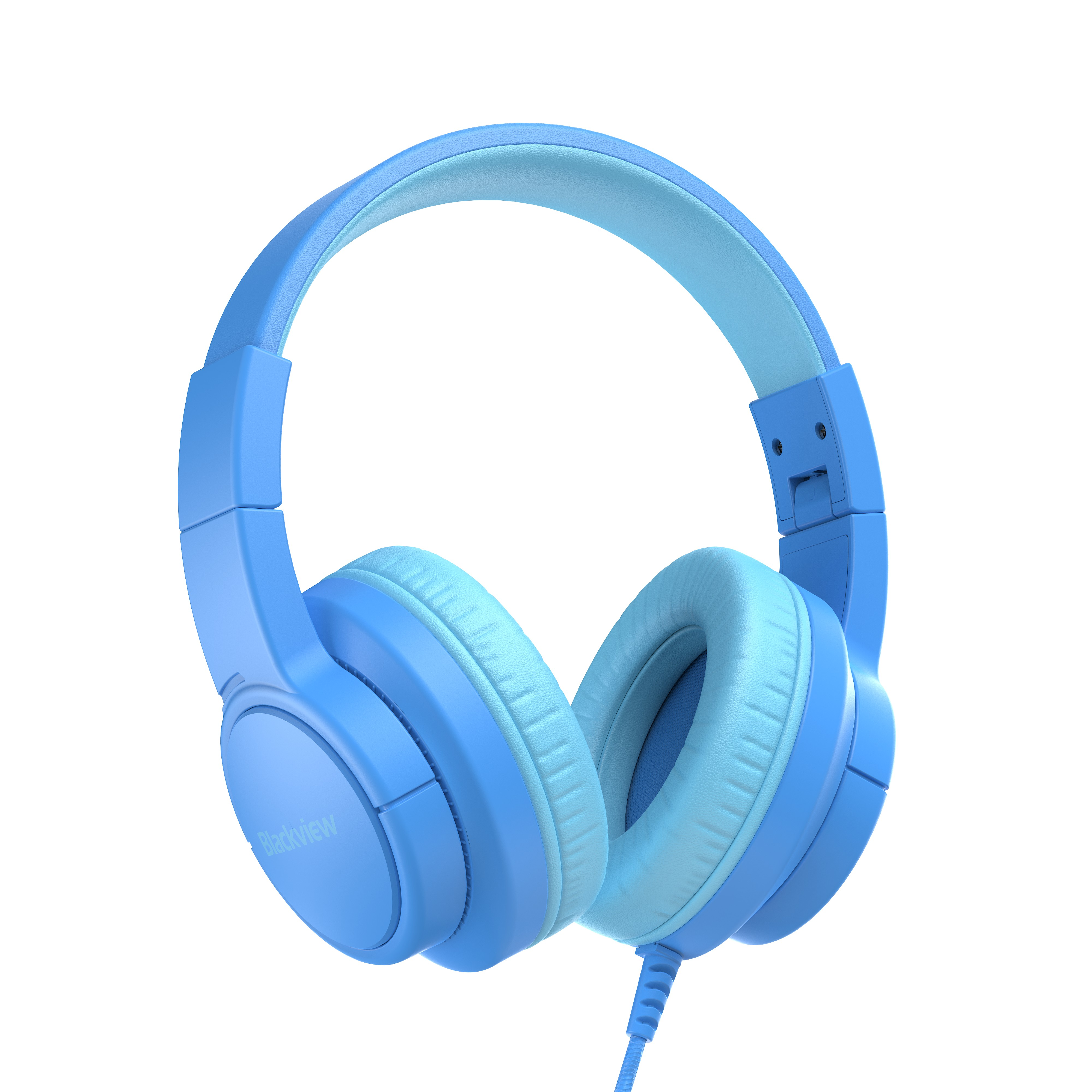 Auriculares azules con almohadillas azul claro y cable negro.