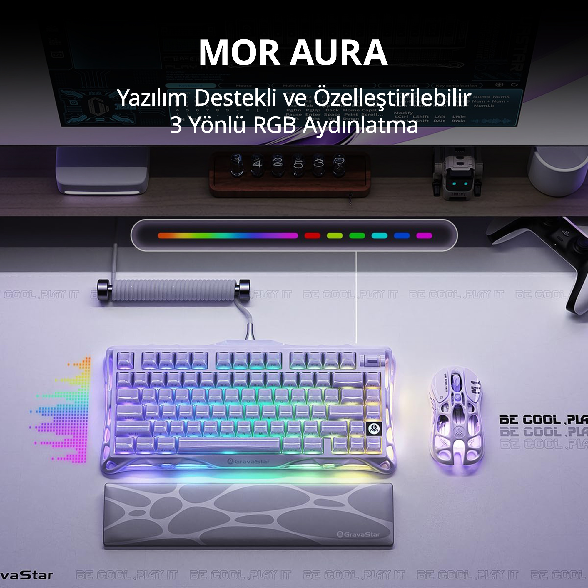 Biała klawiatura, mysz i podkładka pod nadgarstek z oświetleniem RGB.