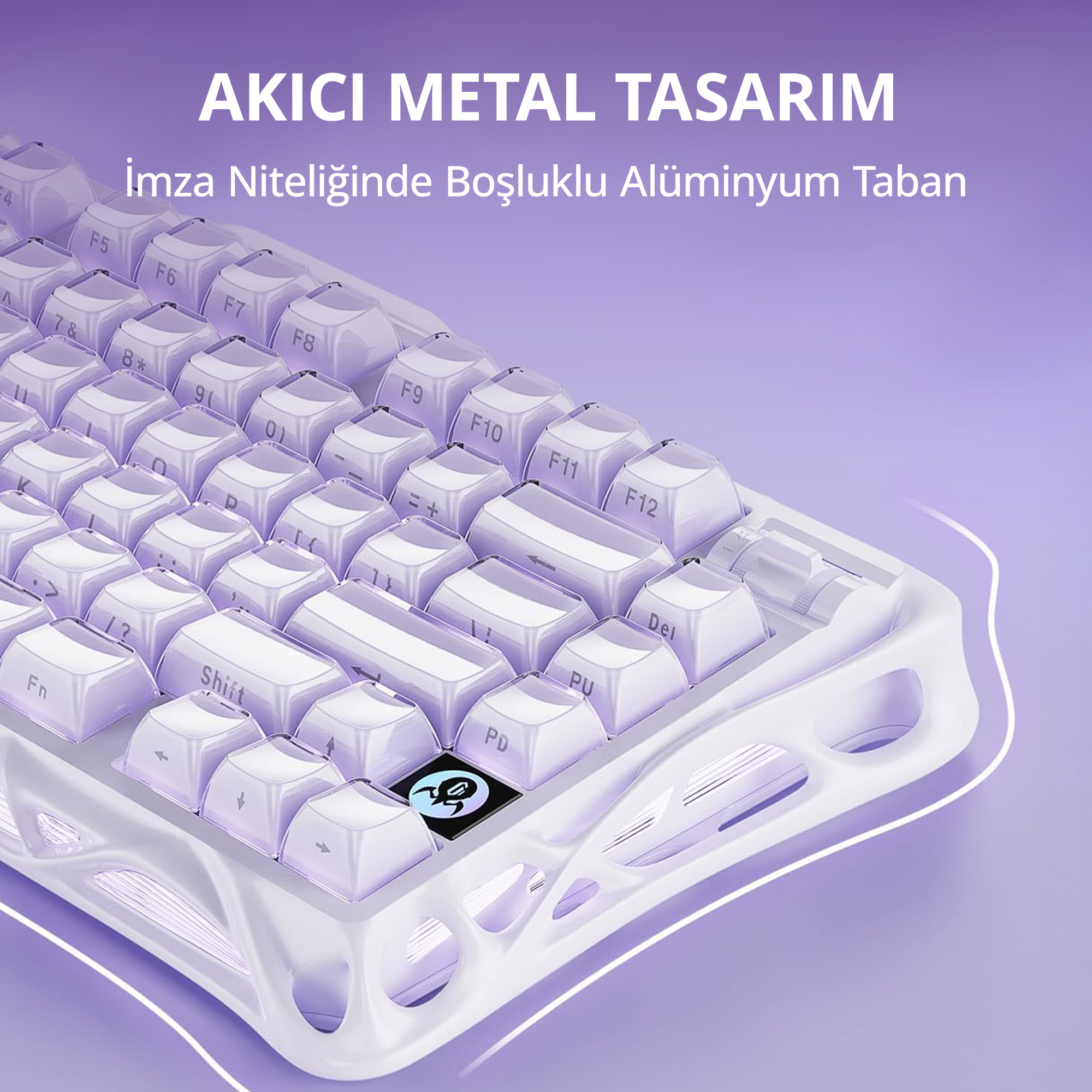 Biała klawiatura z półprzezroczystymi lawendowymi nakładkami na fioletowym tle.