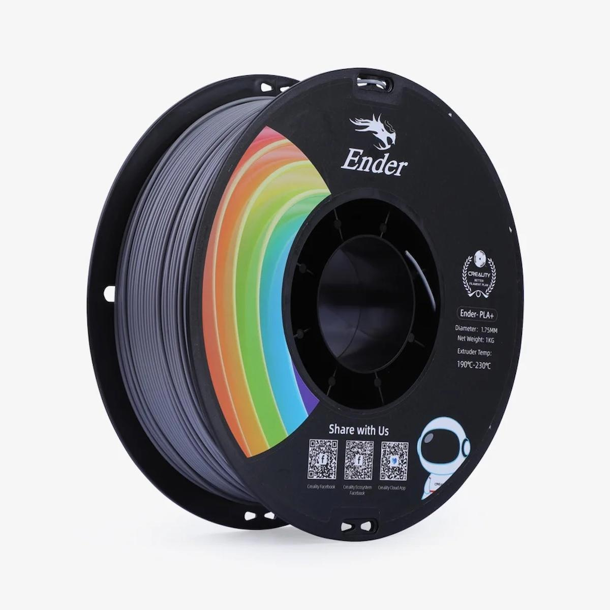 Gökkuşağı tasarımlı gri 3D baskı filament makarası ve ürün bilgileri.