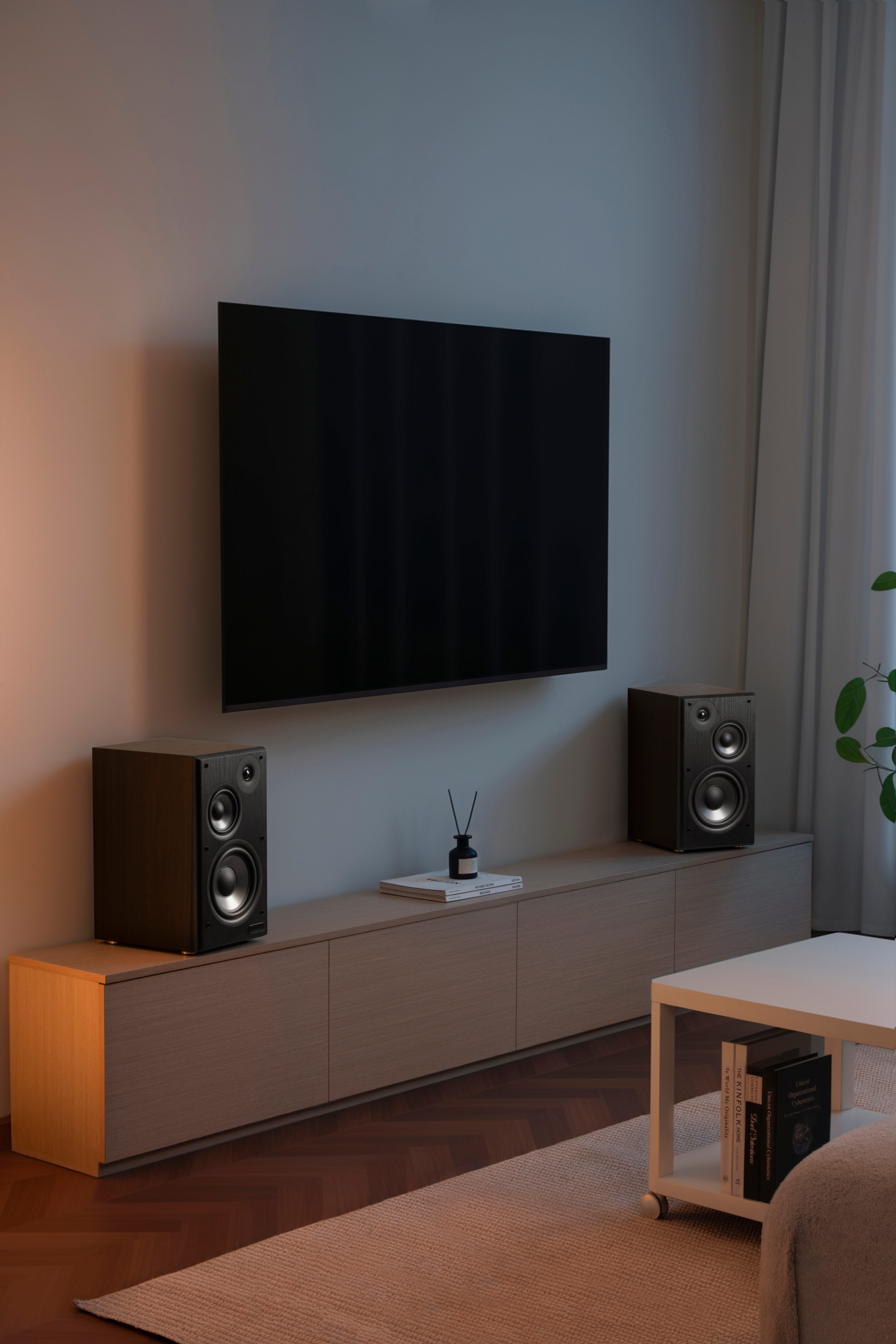 Ein Wohnzimmer mit Fernseher, Lautsprechern, Sideboard, Tisch und Teppich.