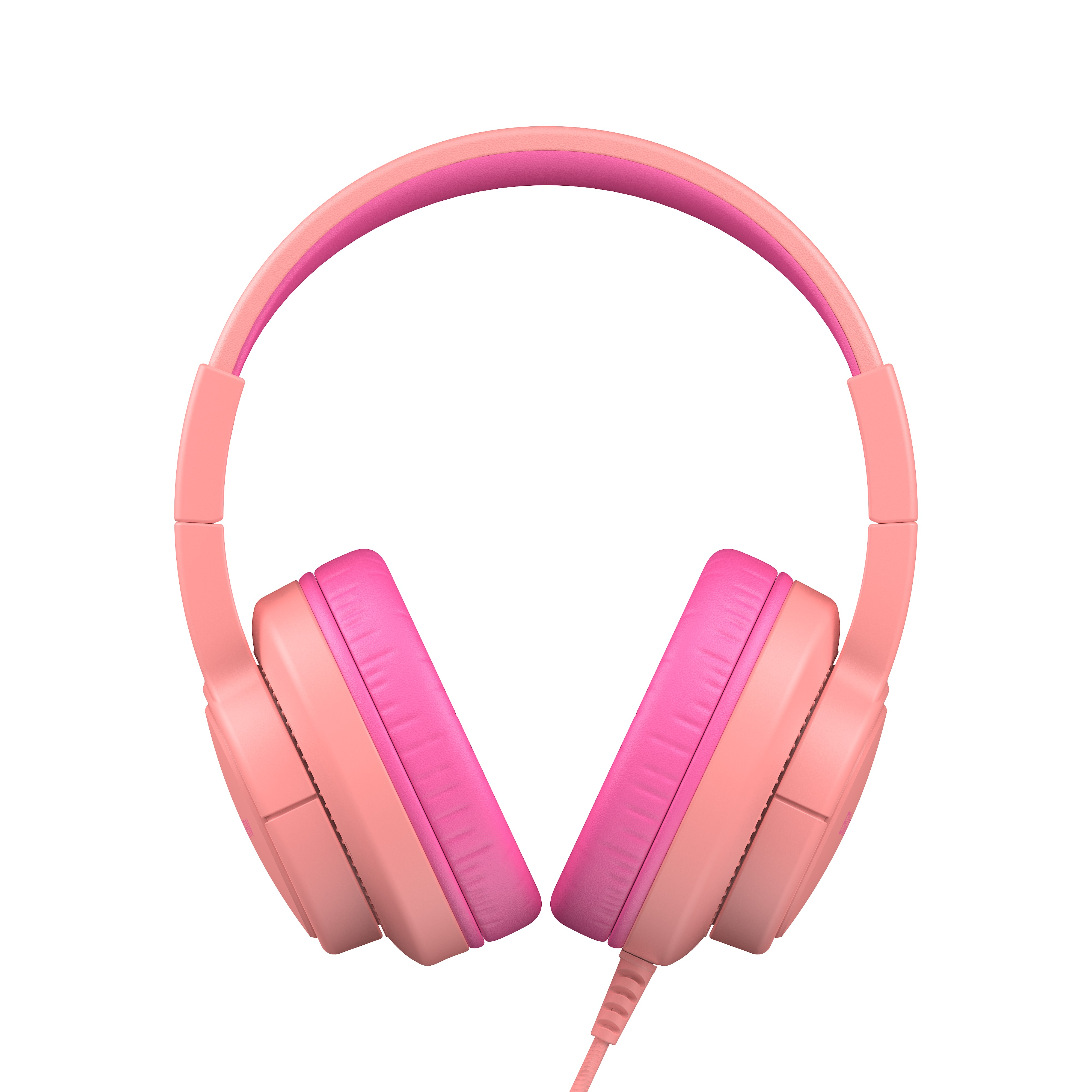 Auriculares rosas con almohadillas rosas y un cable en espiral.