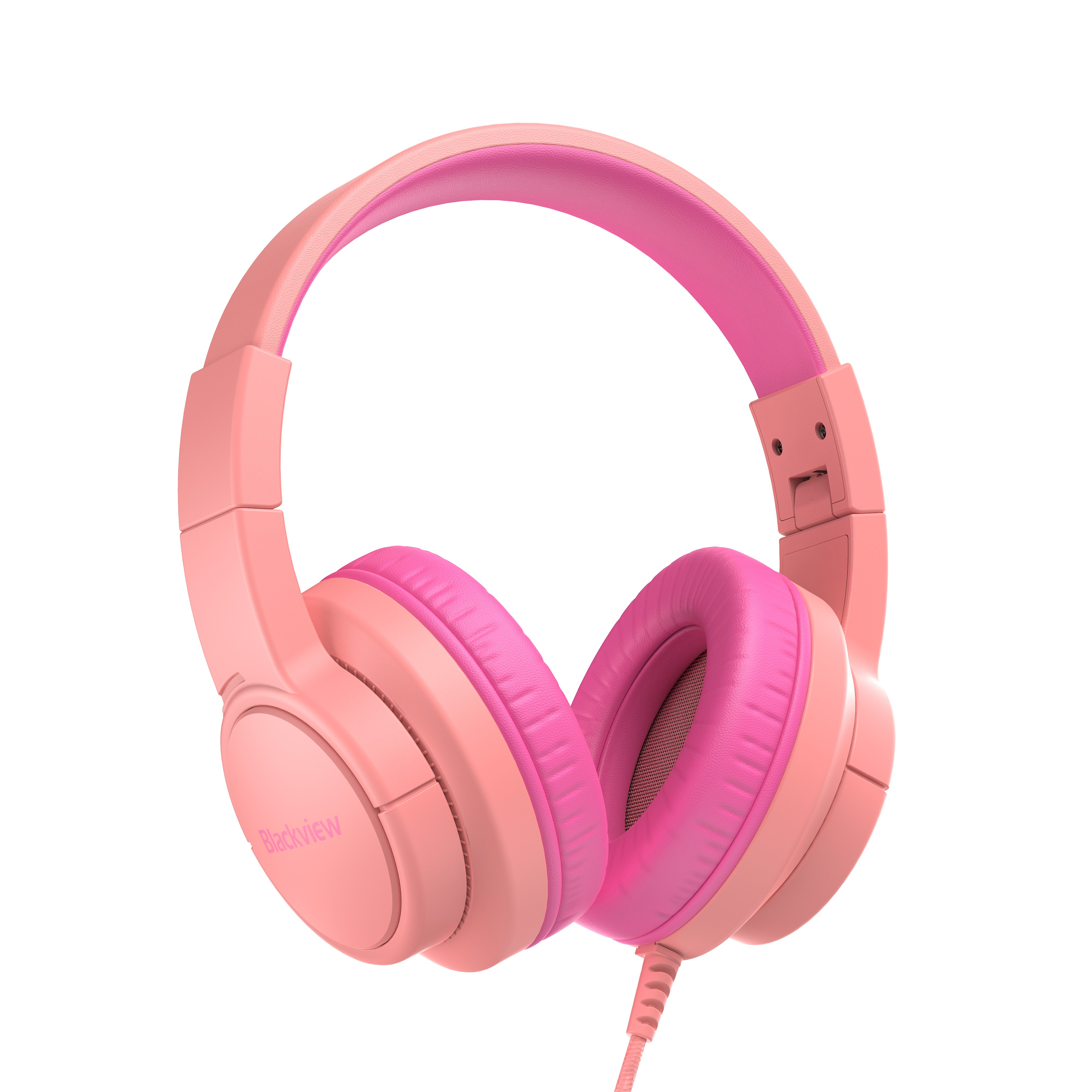 Unos auriculares rosas con almohadillas rosas, mostrados sobre fondo blanco.
