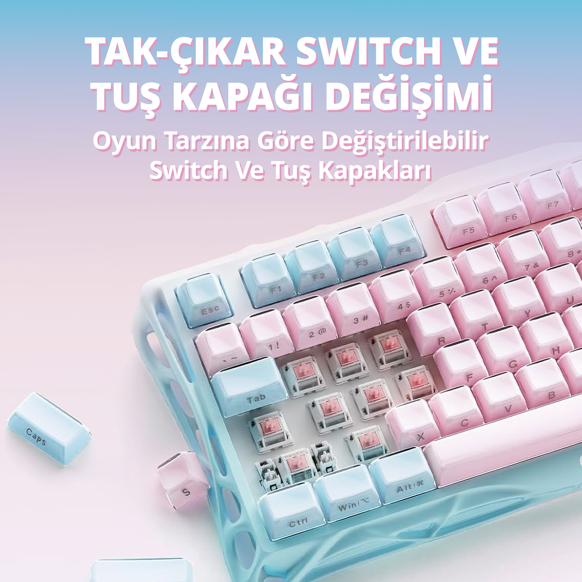 Niebiesko-różowy układ klawiatury z wymiennymi przełącznikami i klawiszami.