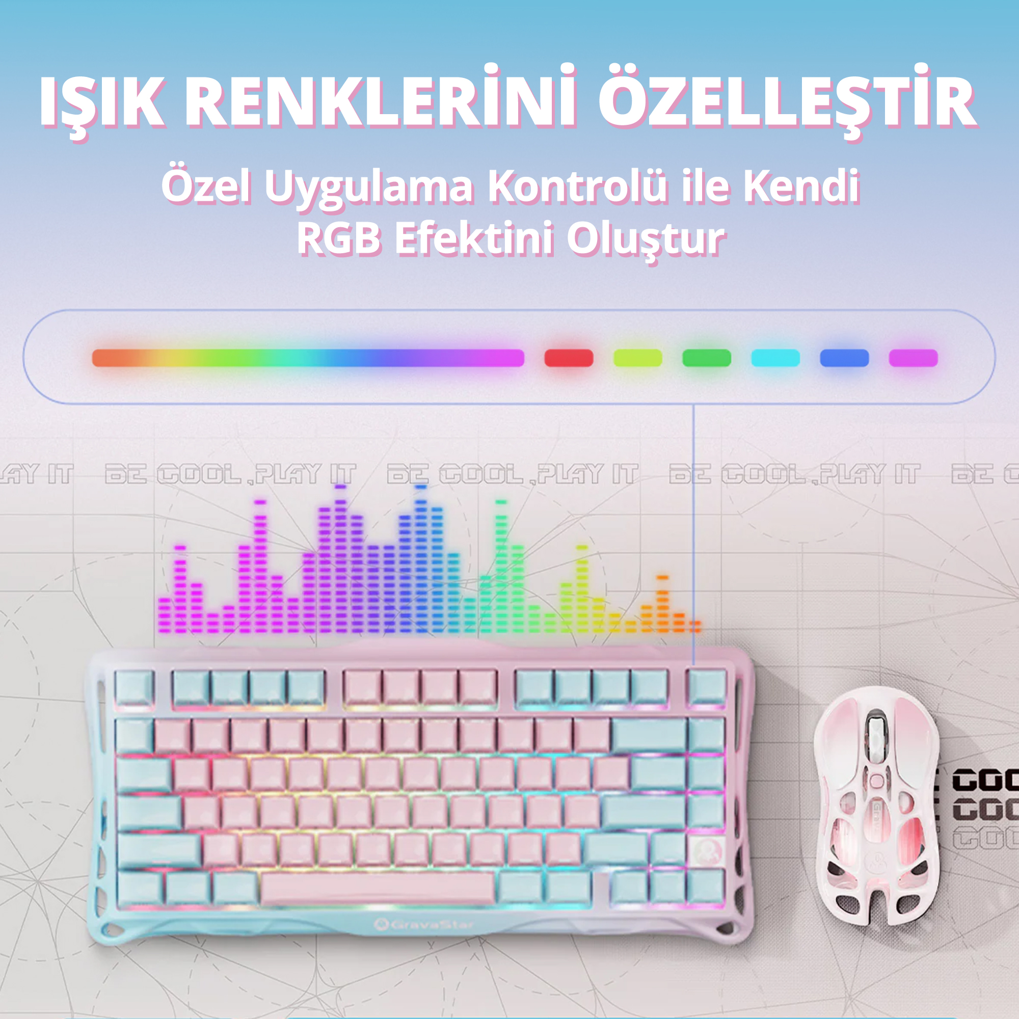 Biała i różowa klawiatura i mysz z oświetleniem RGB.