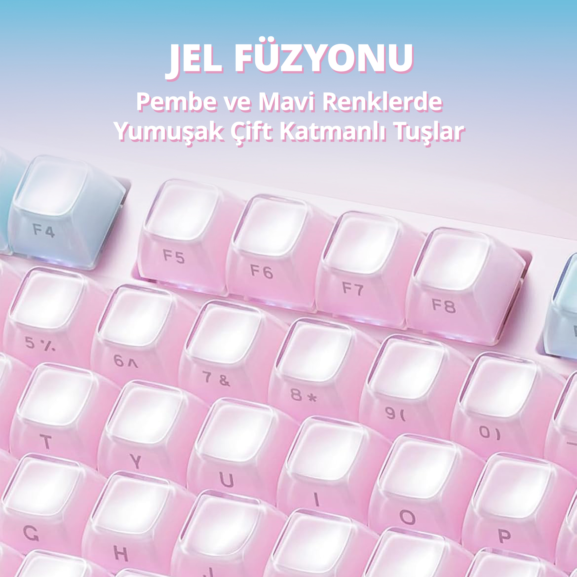 Zbliżenie klawiatury z różowymi i jasnoniebieskimi klawiszami, podświetlonymi.