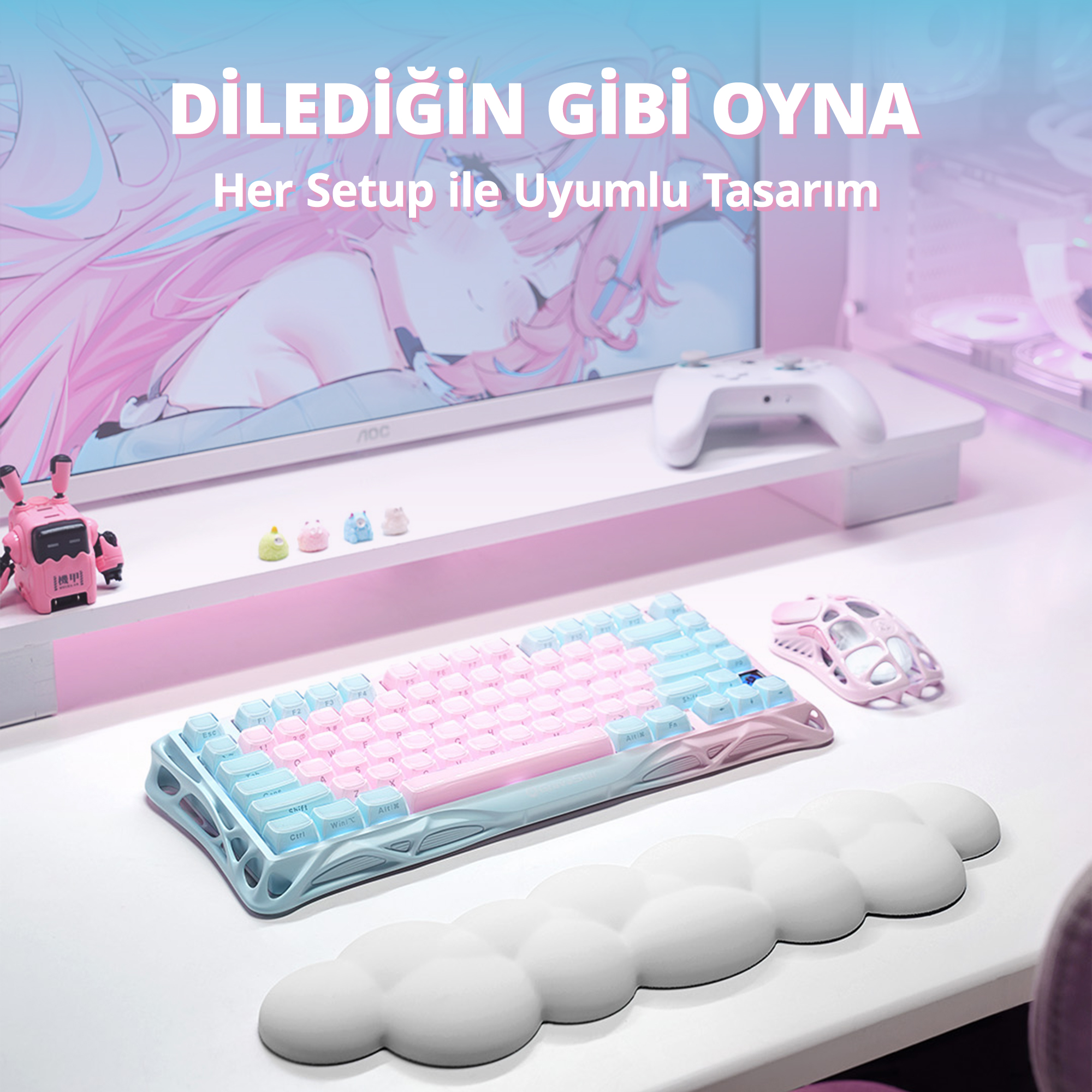 Różowo-niebieski zestaw gracza z klawiaturą, myszą i monitorem.