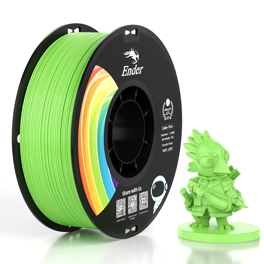 Yeşil bir 3D yazıcı filament makarası ve yeşil bir kuş figürü yan yana duruyor.