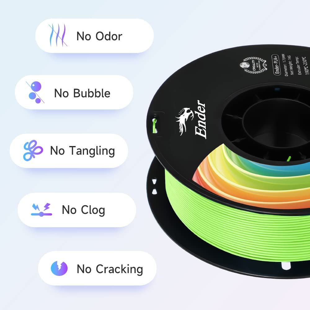 Ender markalı, listelenmiş özelliklere sahip açık yeşil 3D yazıcı filament makarası.