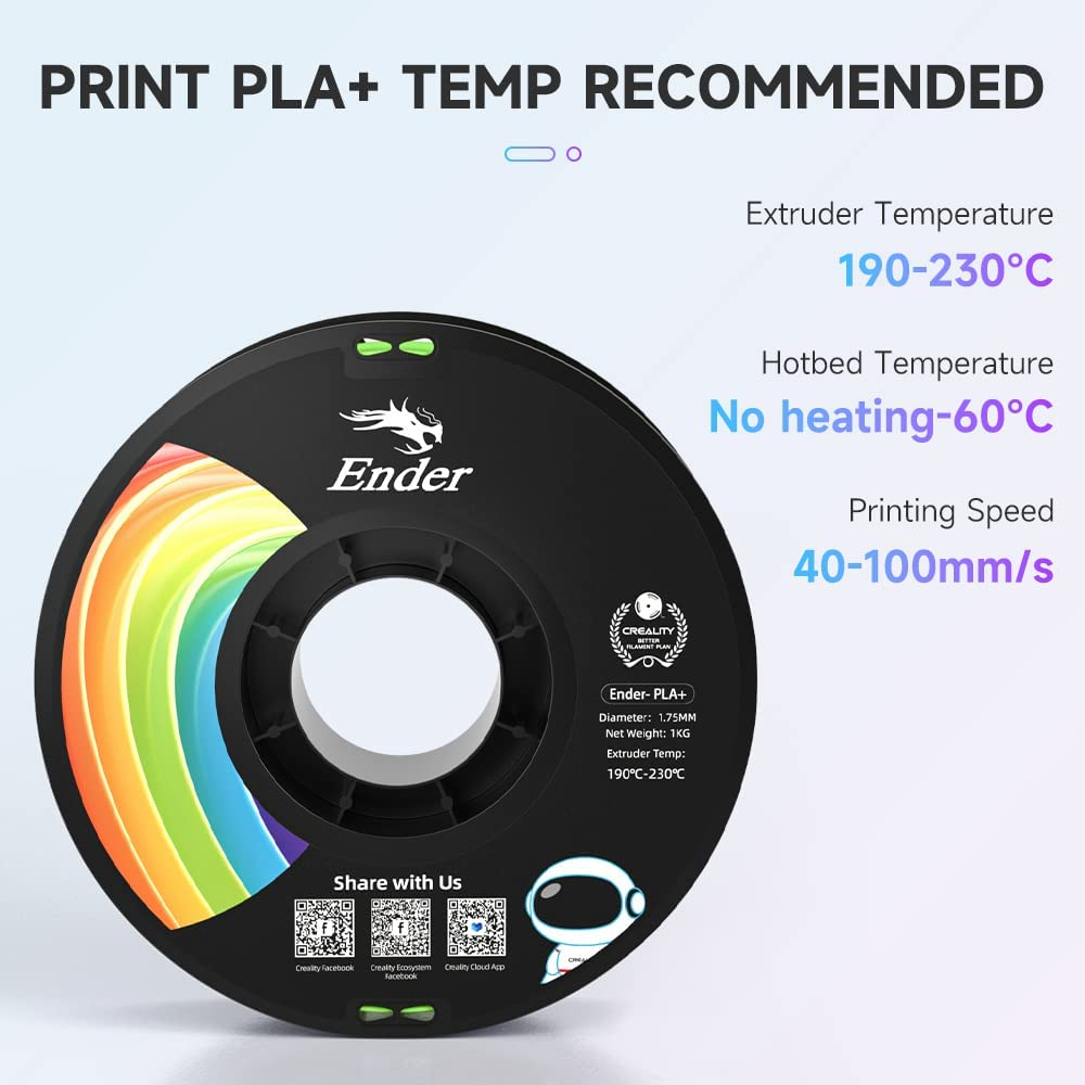Gökkuşağı renkli 3B yazıcı PLA+ filament makarası. Önerilen baskı sıcaklıkları.