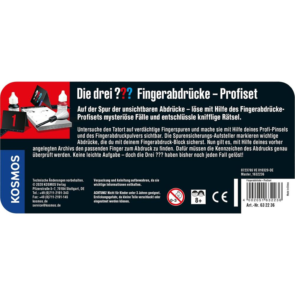 Kosmos Fingerabdruck-Profiset mit Pinsel, Pulver, Aufstellern und Archiv.