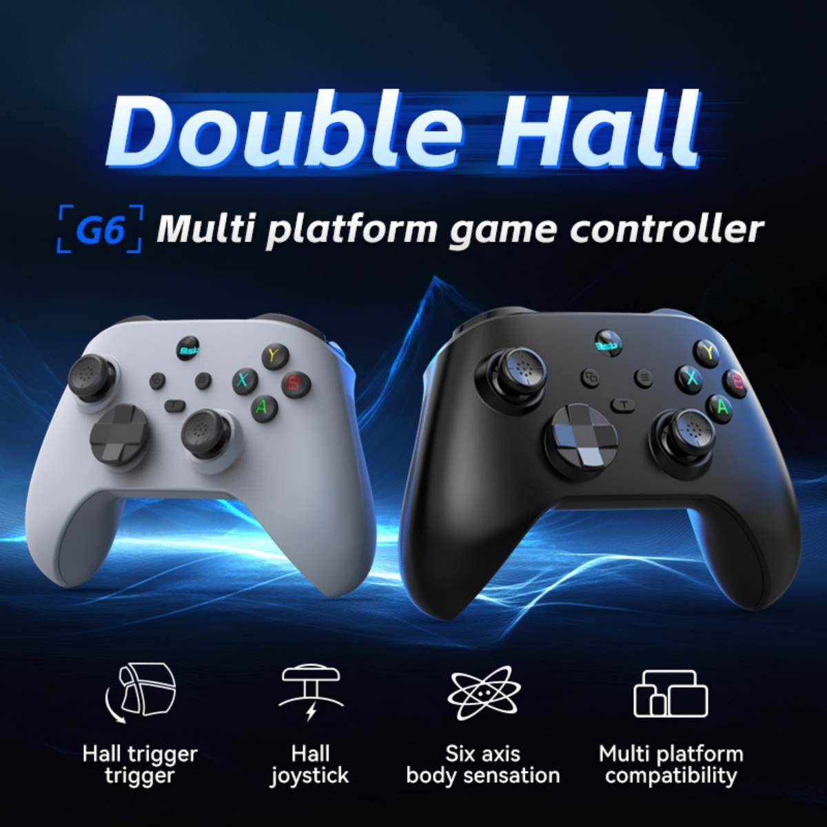 Zwei Gamecontroller, weiß und schwarz, mit Text und Symbolen für Funktionen.