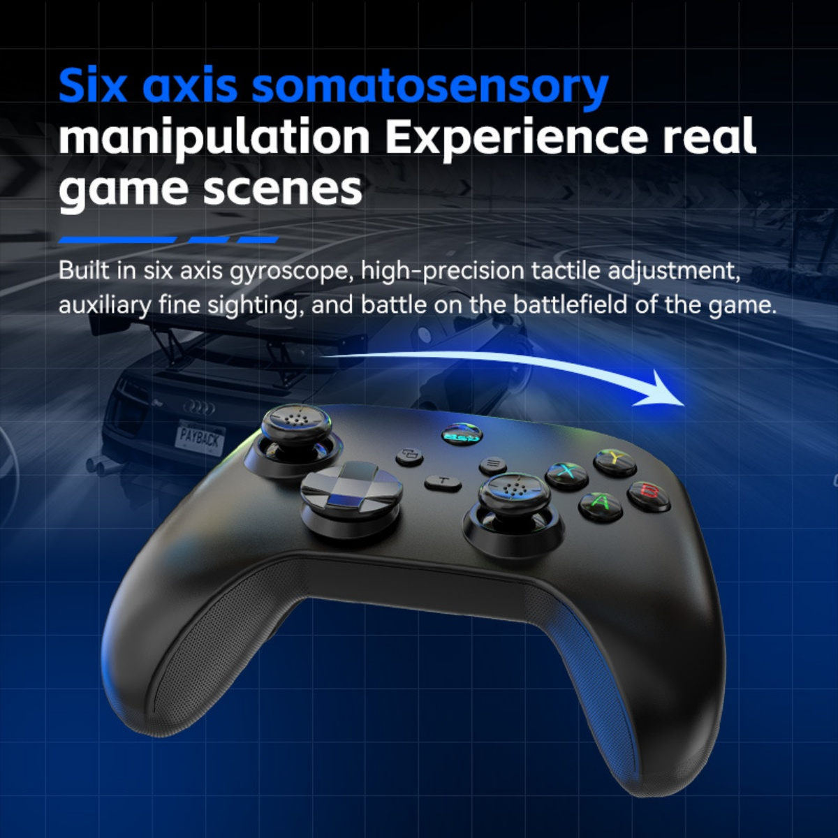 Ein schwarzer Gaming-Controller mit sechs Achsen, vor einem Rennwagen.