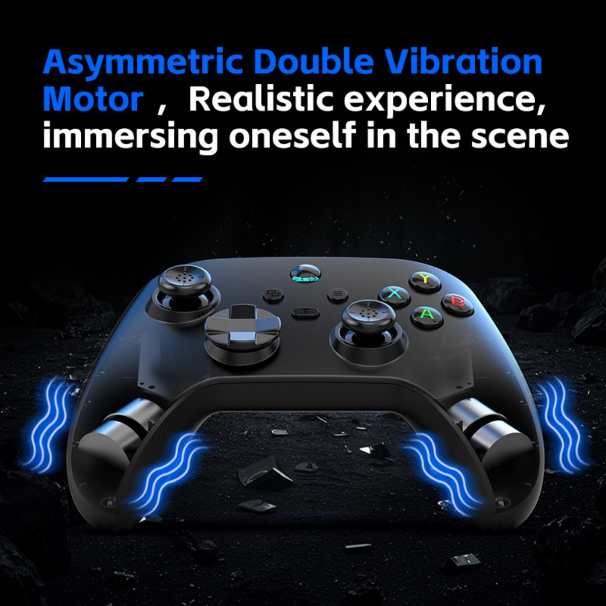 Schwarzer Gaming-Controller mit blauen Vibrationswellen und Text.