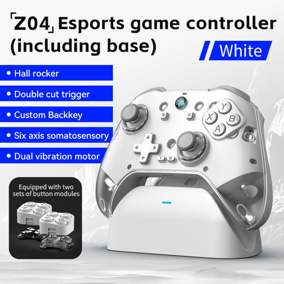 Ein weißer Gaming-Controller mit Ladebasis und Funktionen wie Hall-Rocker.