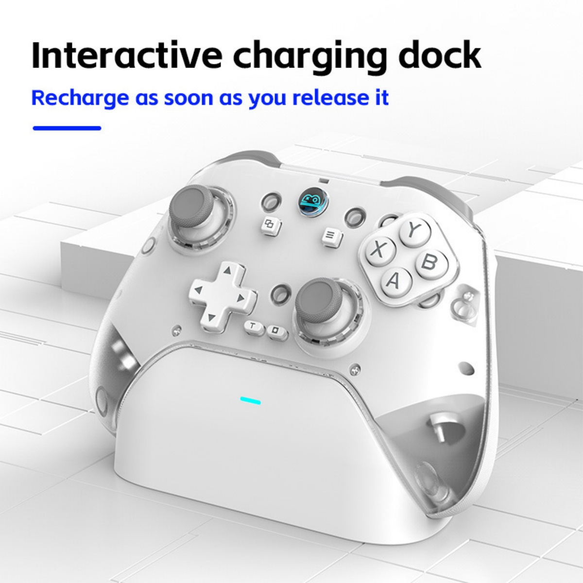 Ein weißer Controller ruht auf einer Ladestation mit blauem Licht.