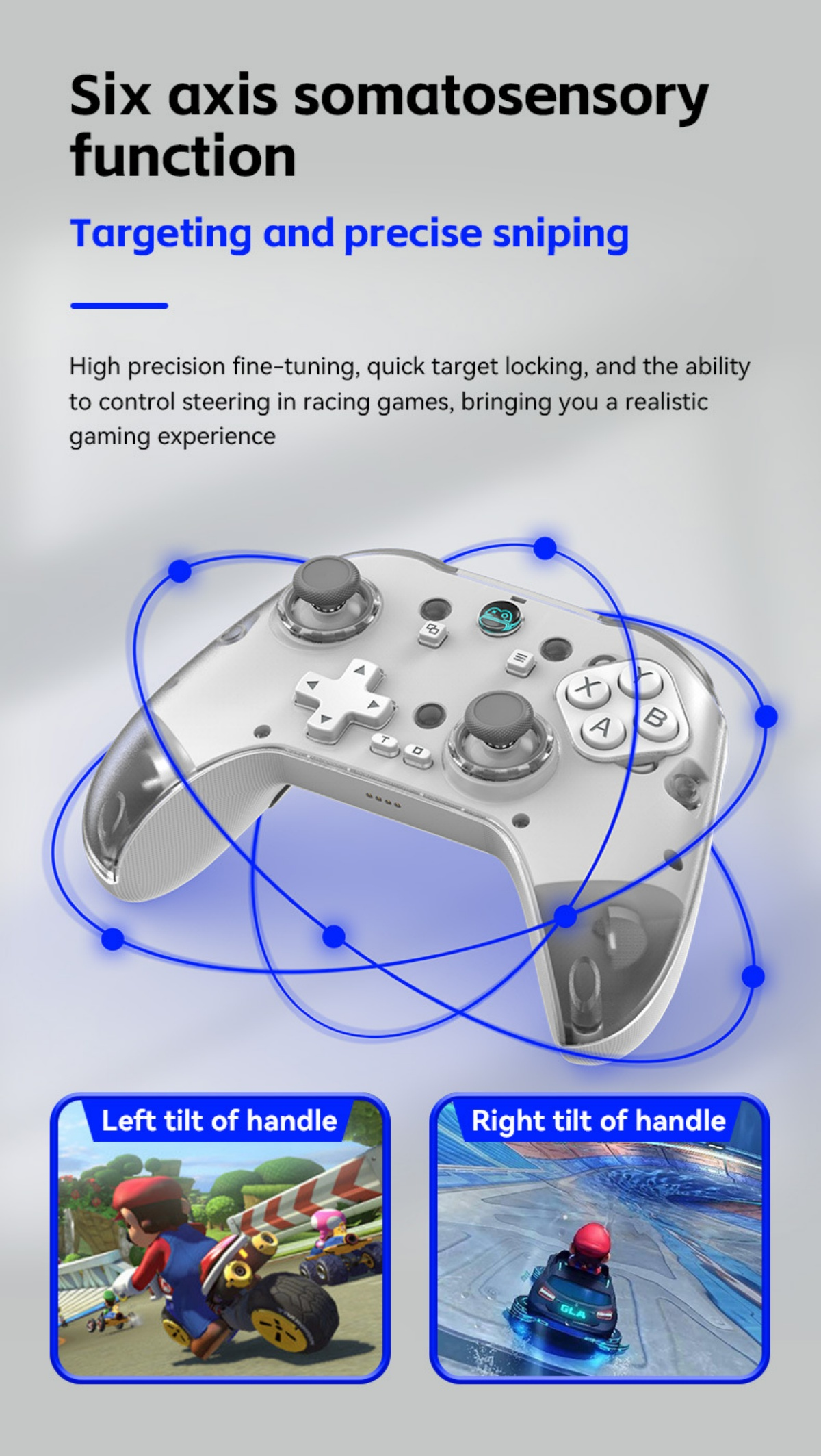 Ein transparenter Gamecontroller mit blauen Linien, der Mario Kart zeigt.