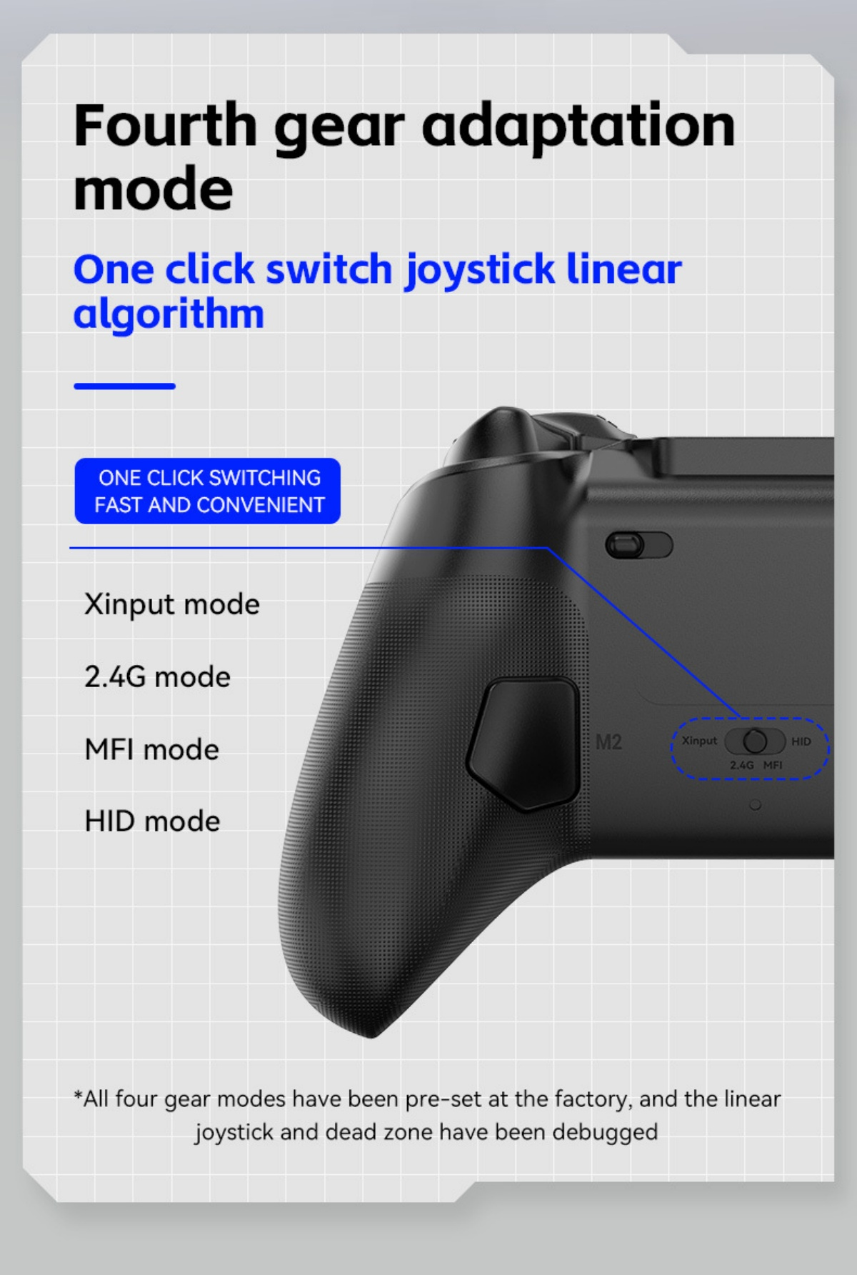 Schwarzer Gamecontroller mit Modi: Xinput, 2.4G, MFI, HID.