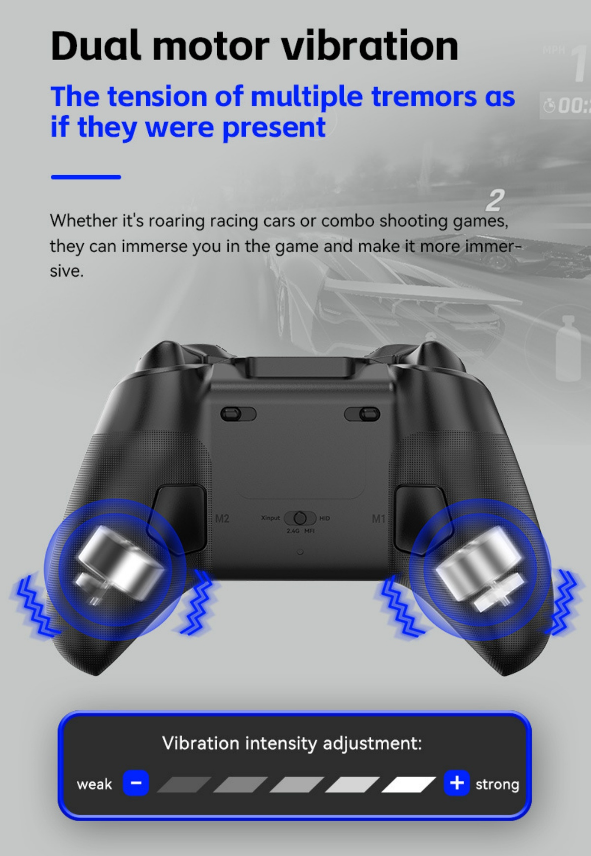 Schwarzer Controller mit Vibrationsmotoren und Intensitätsregler.