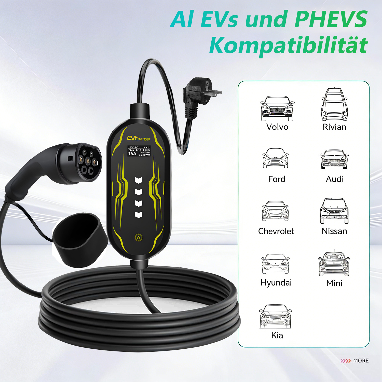 Ładowarka EV z kablem i wtyczką, obok ikon samochodów: Volvo, Rivian, Ford, Audi.