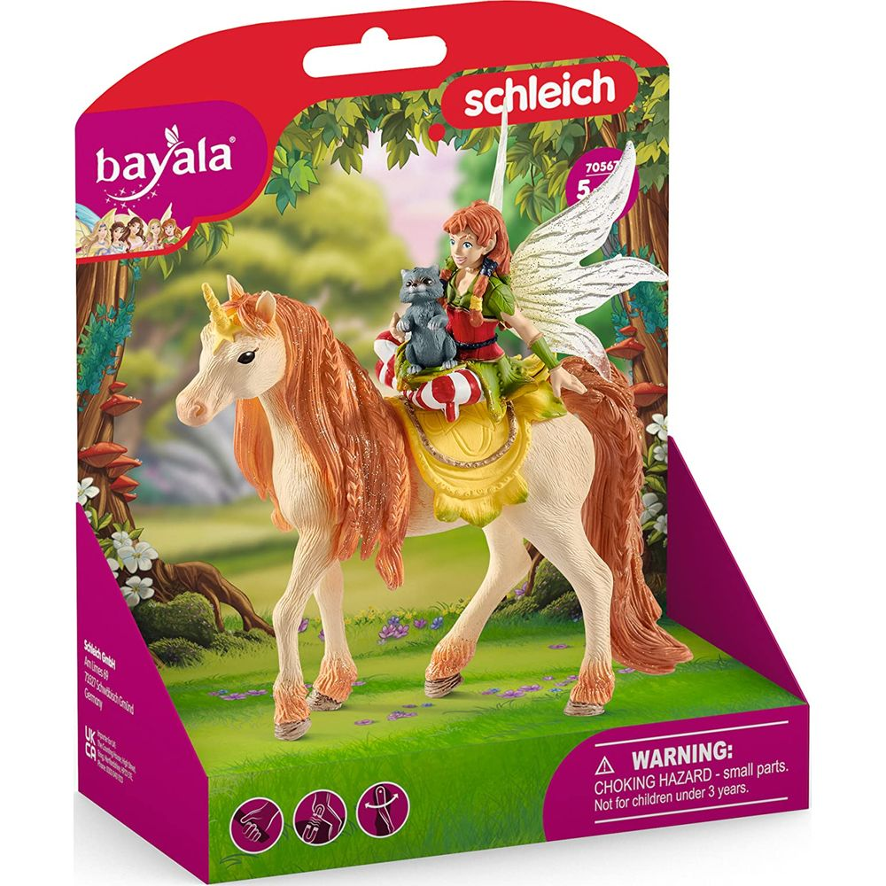 Zabawka Schleich: wróżka z kotem jedzie na jednorożcu w lesie.