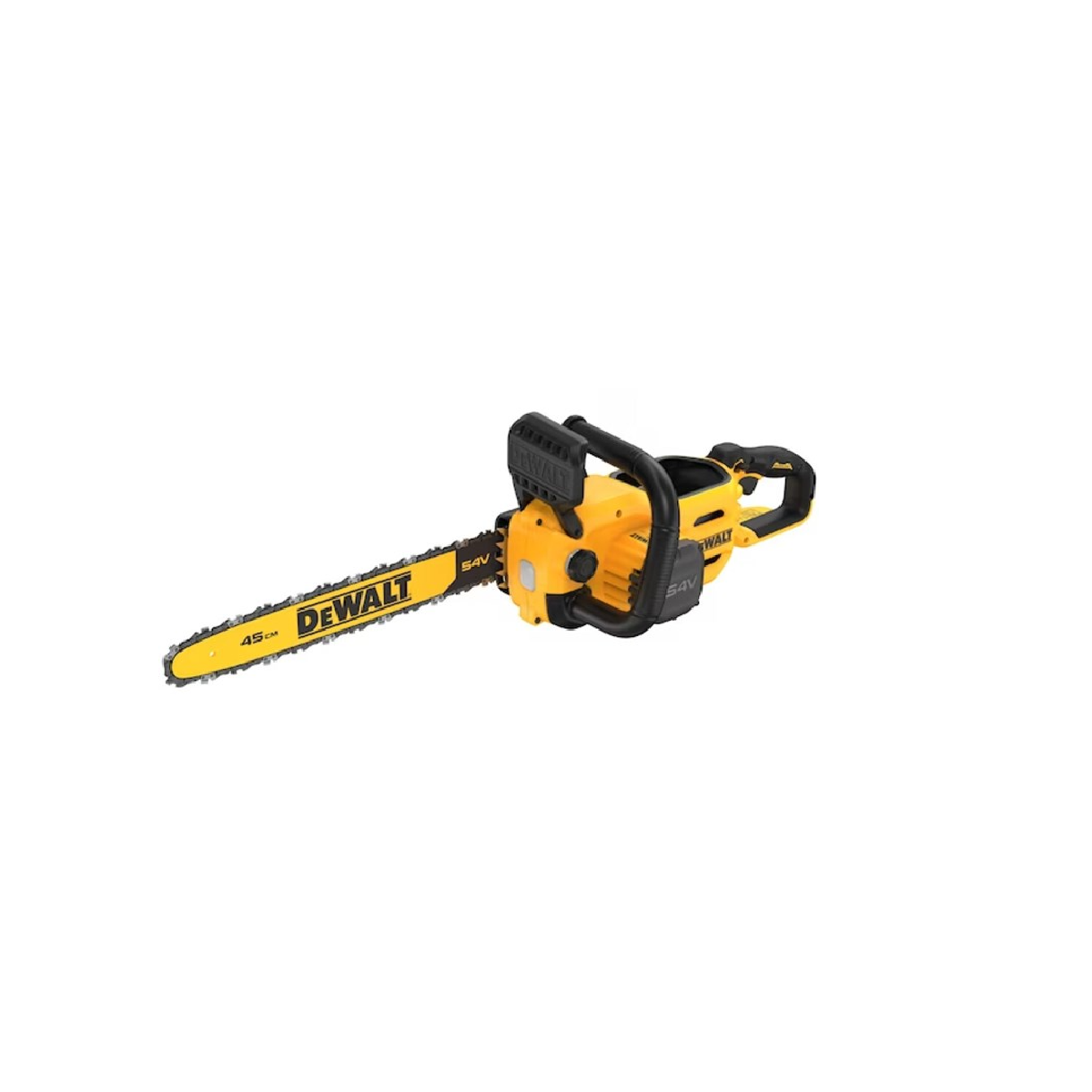 Żółta piła łańcuchowa Dewalt z prowadnicą 45 cm i oznaczeniem 54 V.