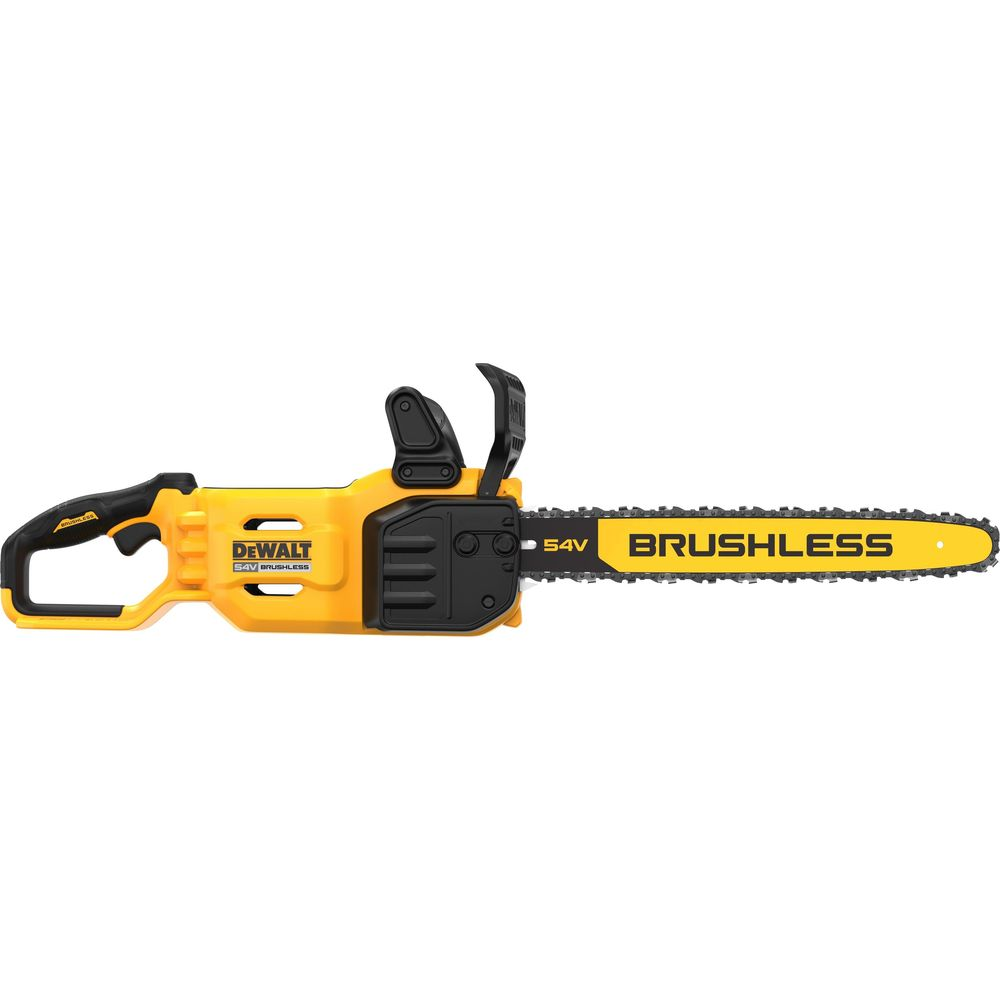 Żółta piła łańcuchowa z czarnym uchwytem i oznaczeniem 54V BRUSHLESS.