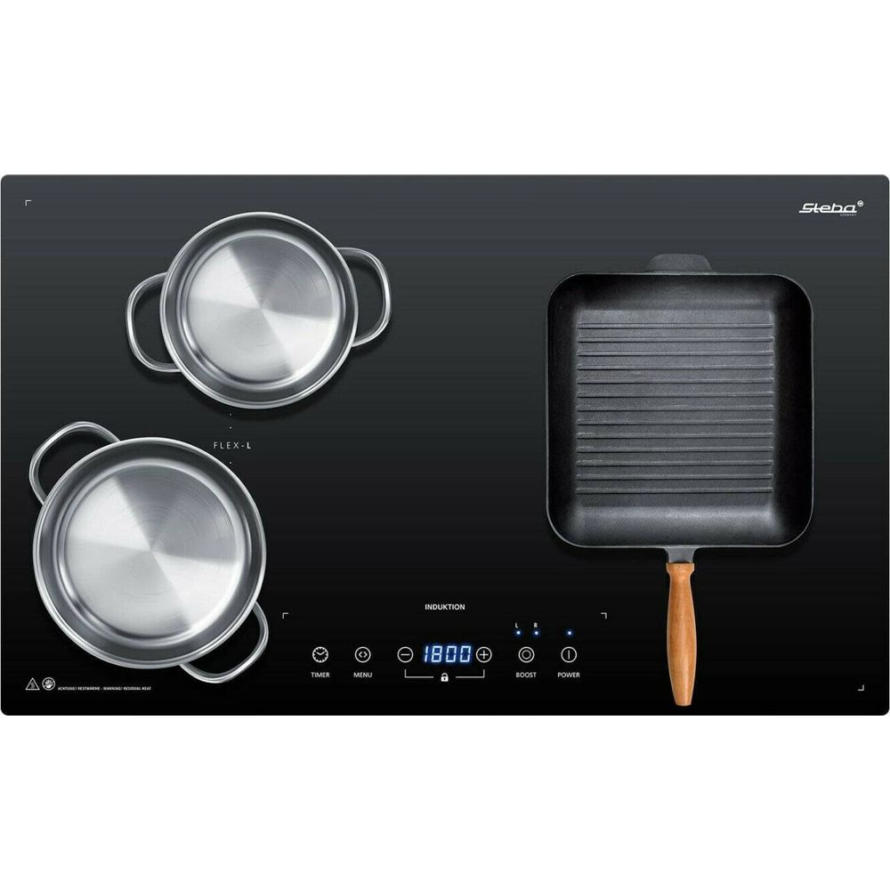 Une plaque à induction avec deux casseroles et une poêle grill.