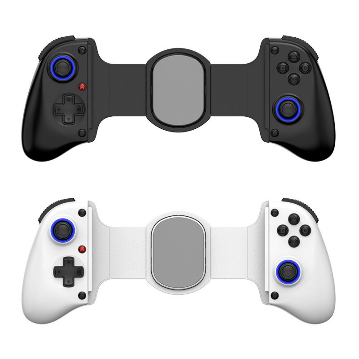 Zwei Handy-Controller nebeneinander, schwarz und weiß, mit Joysticks und Tasten.