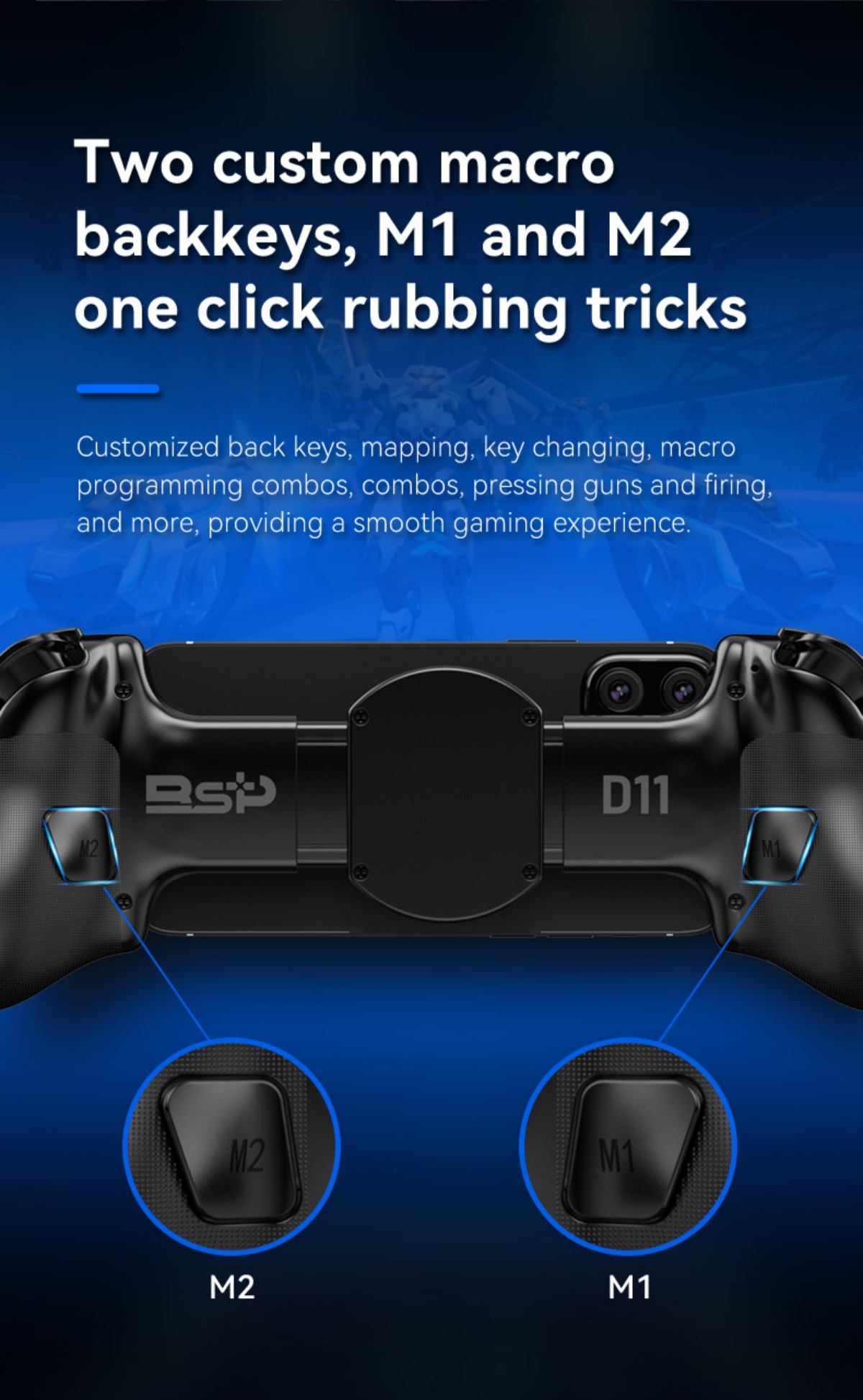Schwarzer Gaming-Controller mit M1- und M2-Tasten, für benutzerdefinierte Makros.