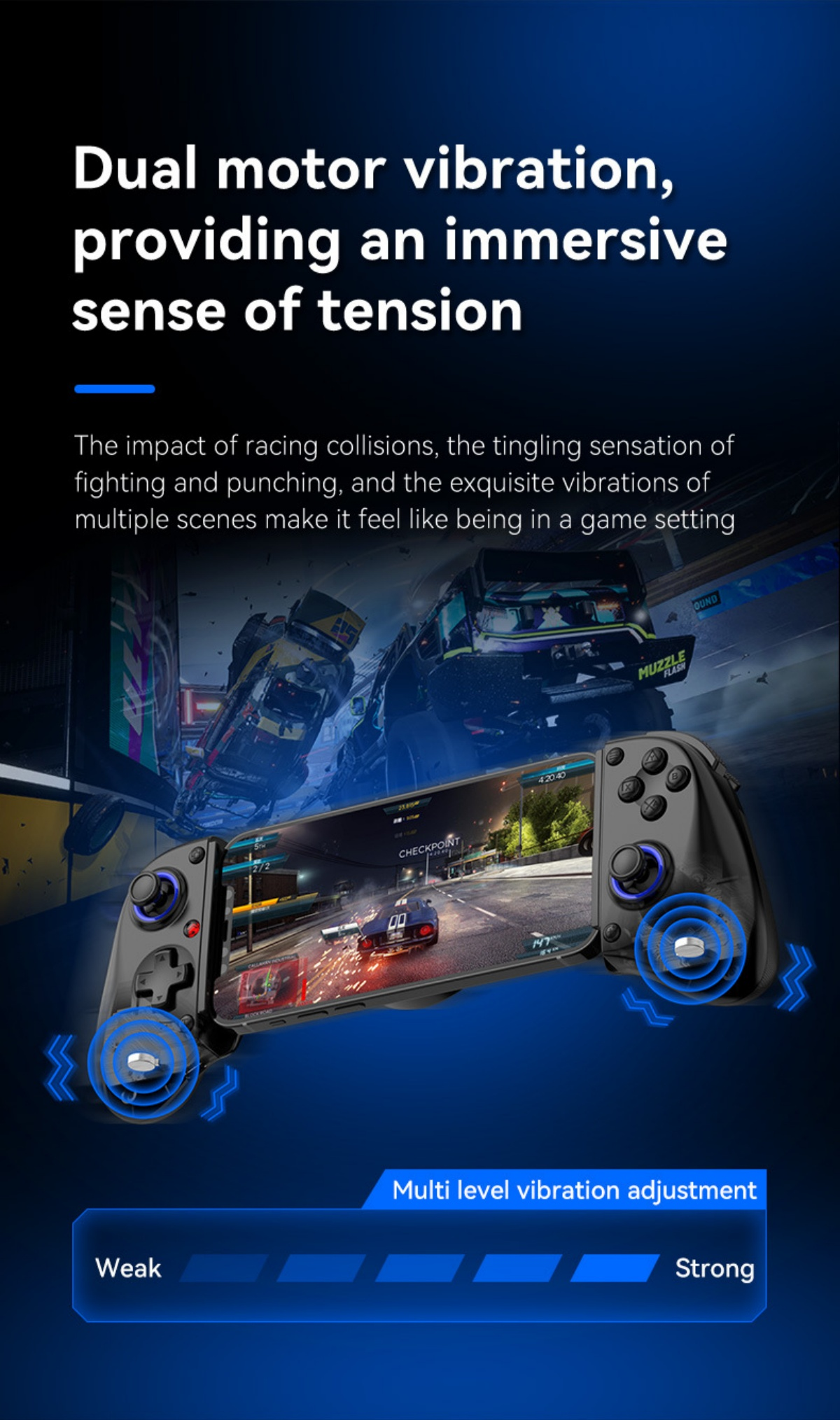 Ein Controller mit vibrierenden Motoren für ein Rennen auf dem Bildschirm.