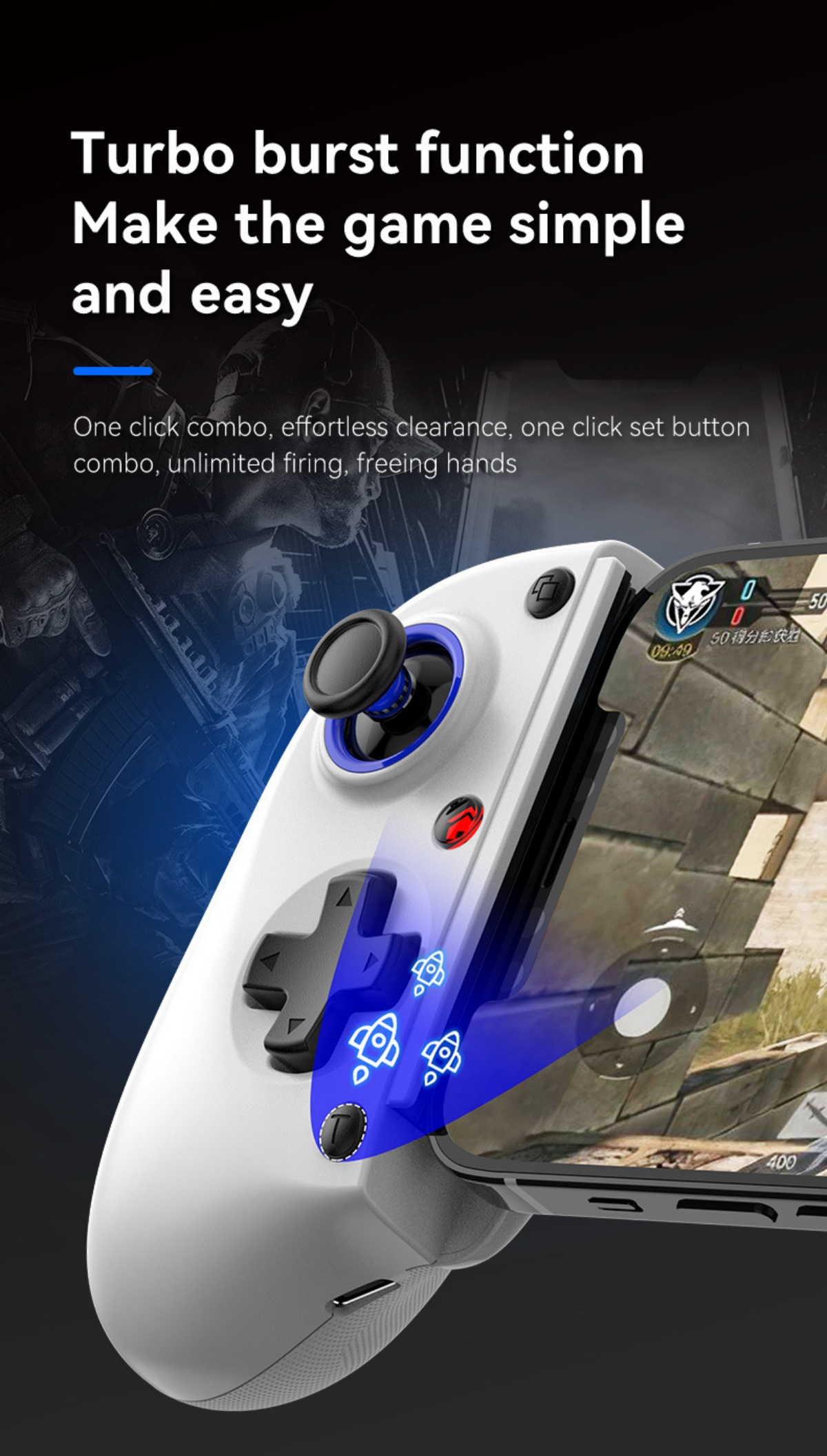 Ein weißer Gamecontroller hält ein Smartphone, das ein Spiel zeigt.