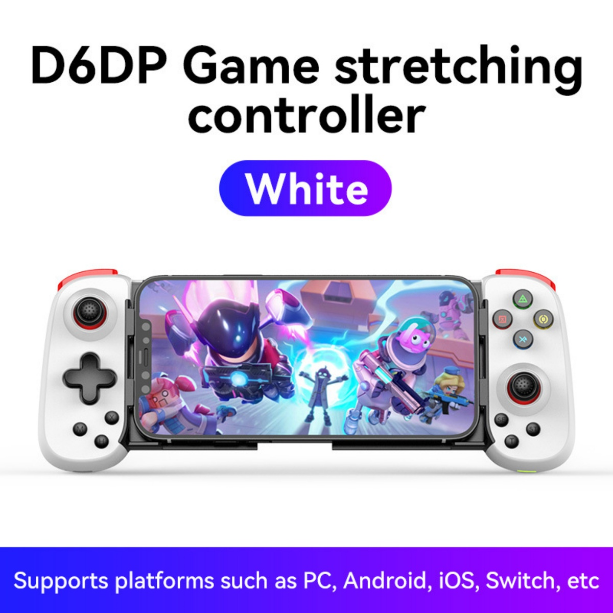 Weißer Gamecontroller mit Smartphone, das ein buntes Spiel zeigt.