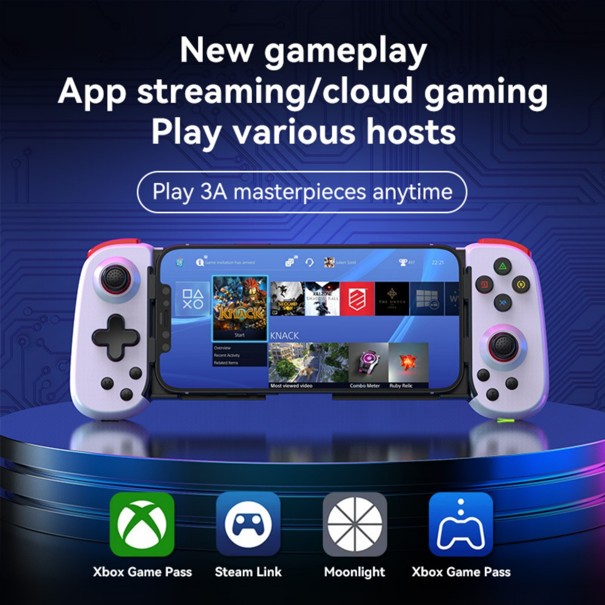 Ein Smartphone, das in einer Spielkonsole montiert ist, zeigt Spiele an. Icons für Xbox Game Pass, Steam Link, Moonlight.