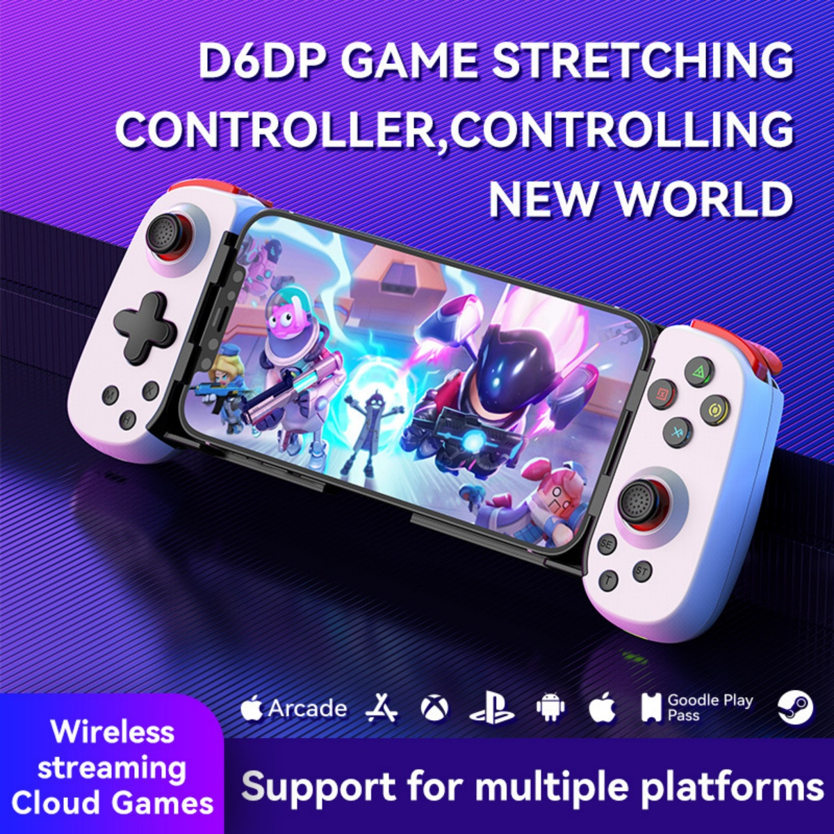 Ein Smartphone ist in einen weißen Gamecontroller mit bunten Spielgrafiken eingesetzt.