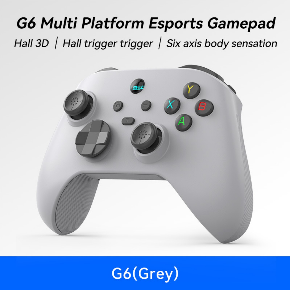 Grauer Gaming-Controller mit Knöpfen und Joysticks auf weißem Hintergrund.