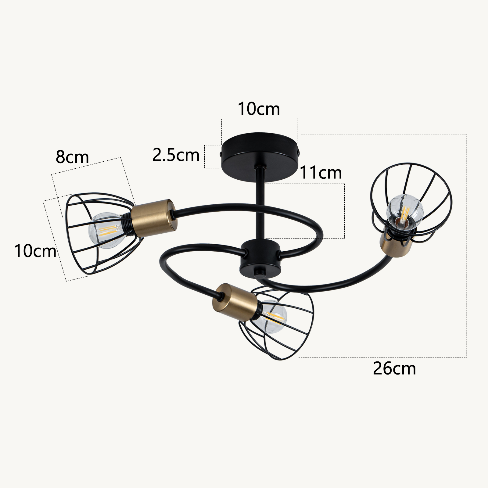Lampadario nero a tre bracci, paralumi a gabbia, con dimensioni.