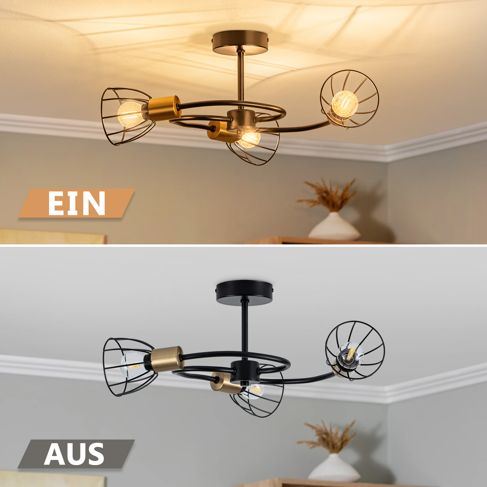 Lampada da soffitto a quattro bracci con paralumi a gabbia, ACCESA sopra, SPENTA sotto.