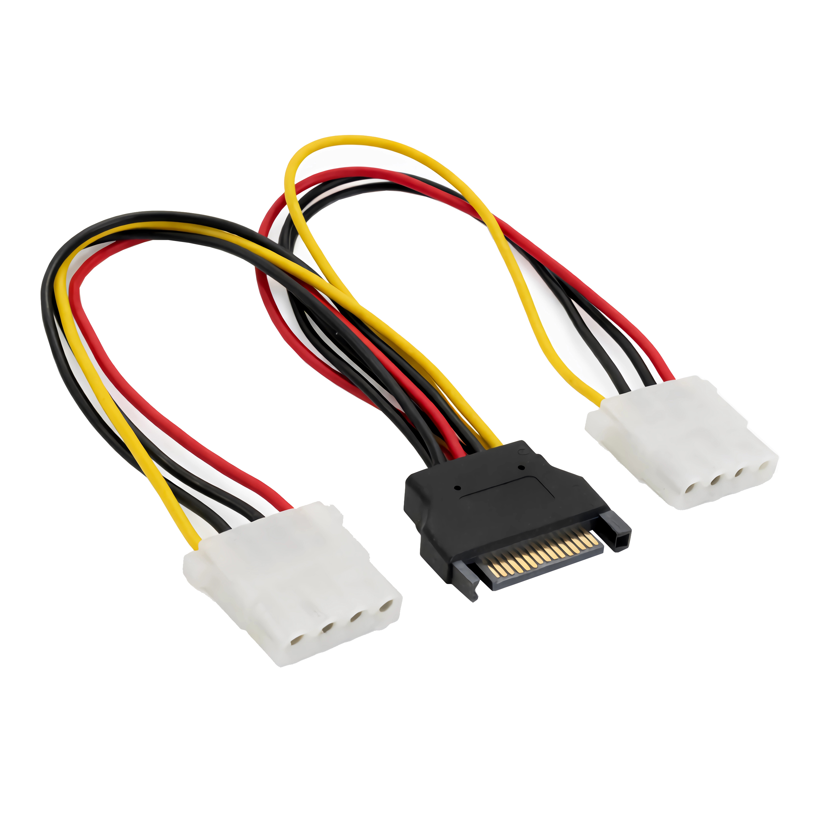 Ein SATA-Stromkabeladapter mit weißen Anschlüssen und einem schwarzen SATA-Anschluss.