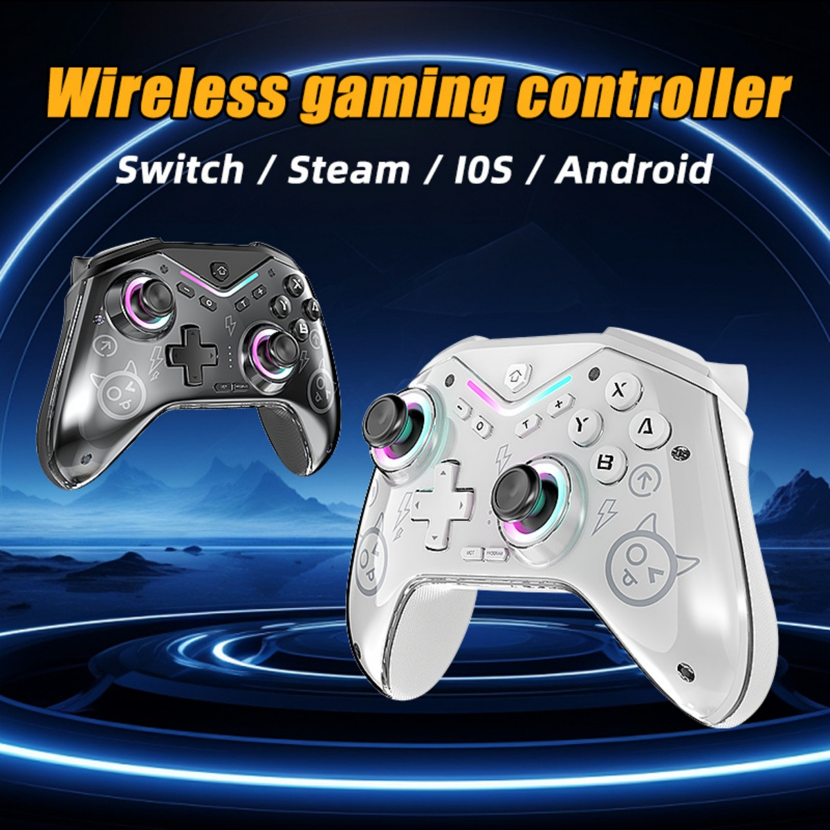 Zwei kabellose Gaming-Controller, ein schwarzer, ein weißer, mit bunten Lichtern.