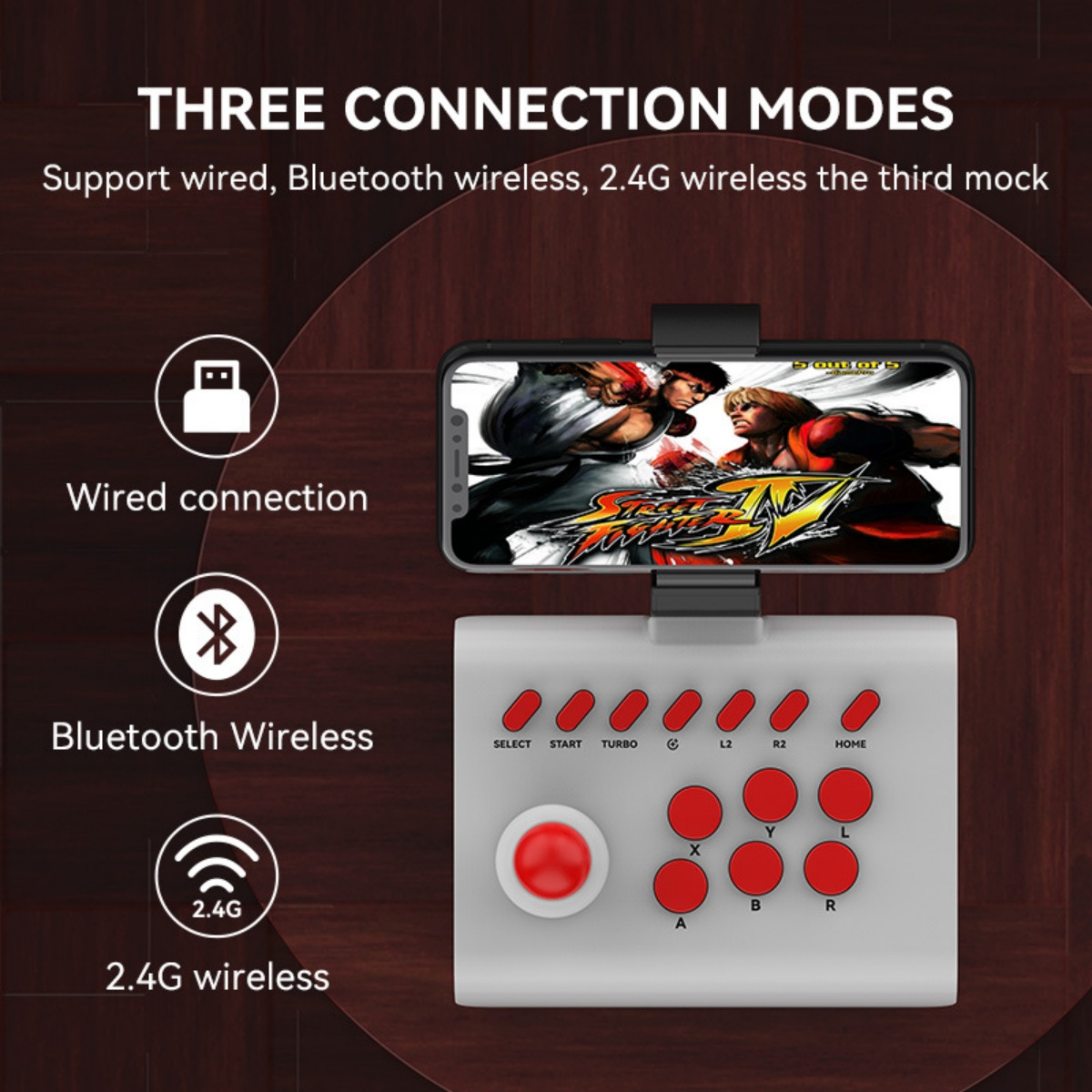 Ein Handybildschirm zeigt Street Fighter IV auf einem weißen Arcade-Controller mit 3 Verbindungsmodi.