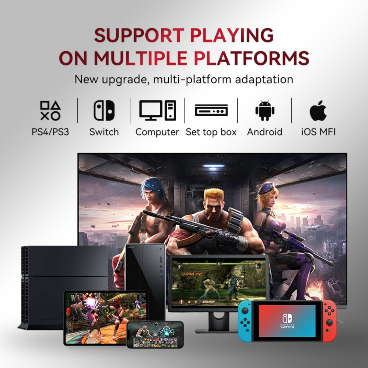 Spielgeräte: PS4, Switch, Computer, Set-Top-Box, Android, iOS. Spiele auf dem Bildschirm.