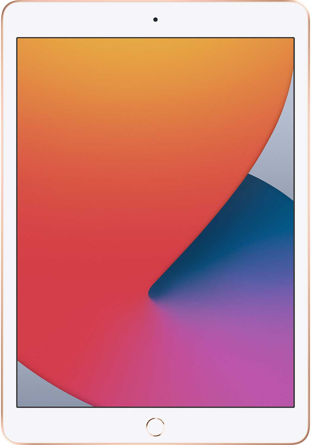 Een gouden iPad met een kleurrijke achtergrond met abstracte vormen.