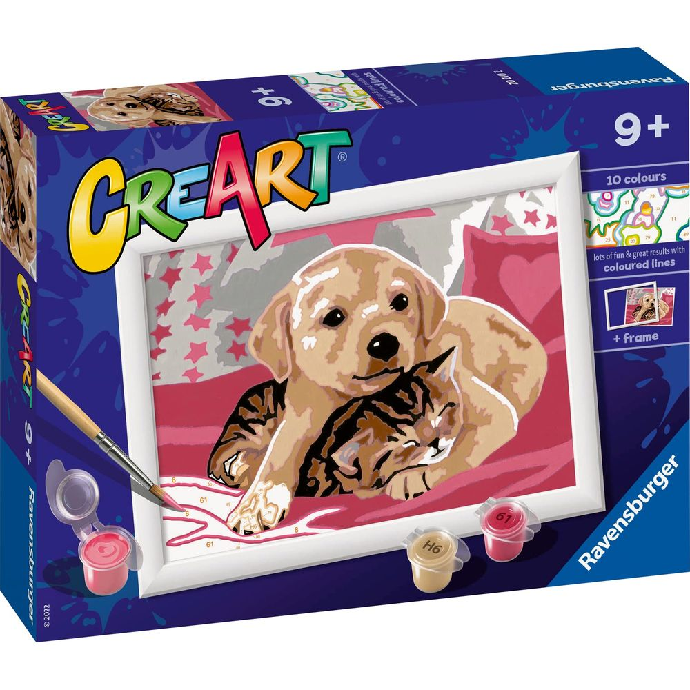 Set de pintura Ravensburger CreART: Un perro y un gato acurrucados. Incluye pinturas, pincel y marco.