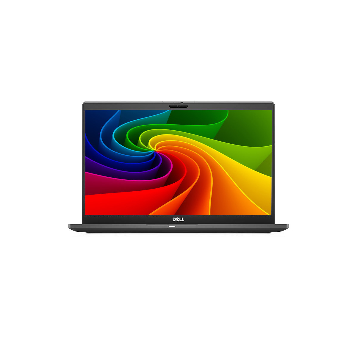 Ein offener Dell Laptop mit einem bunten Wirbelmuster auf dem Bildschirm.