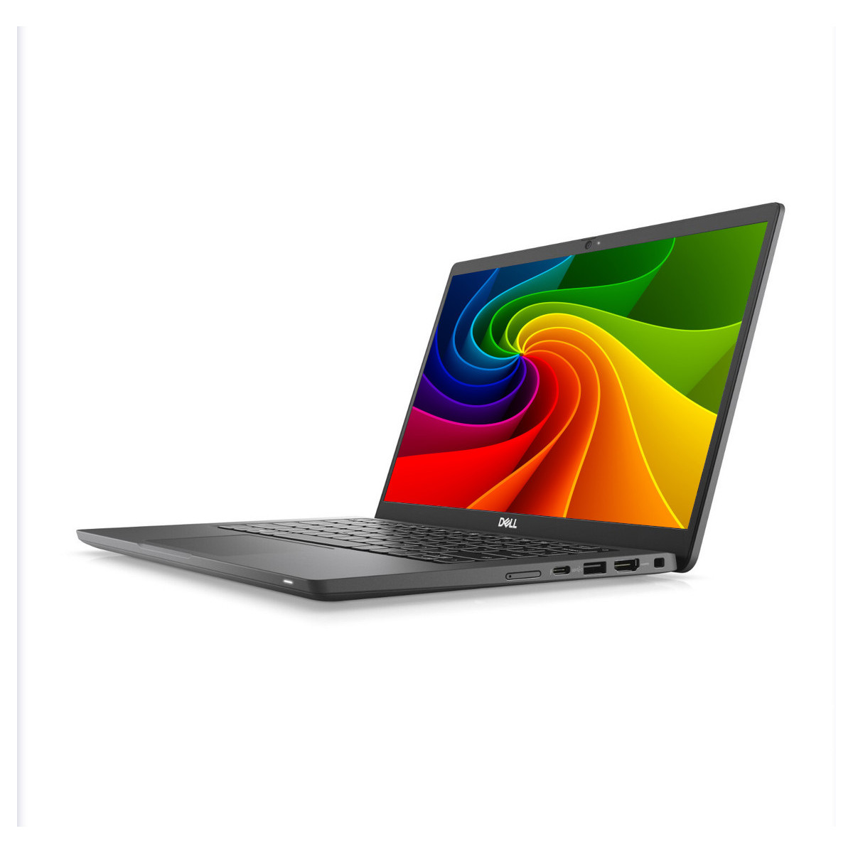 Ein geöffneter grauer Dell Laptop mit einem farbenfrohen, spiralförmigen Hintergrundbild auf dem Bildschirm.